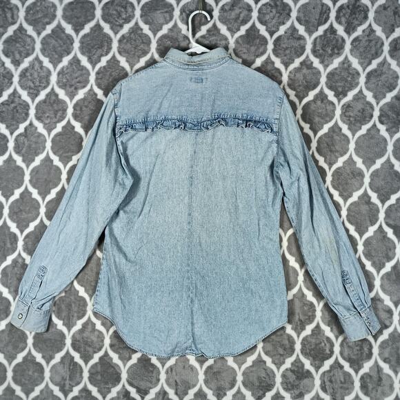VTG Guess Western Shirt Women Large Blue Denim Pearl Snap Ruffle 90s - Picture 4 of 8